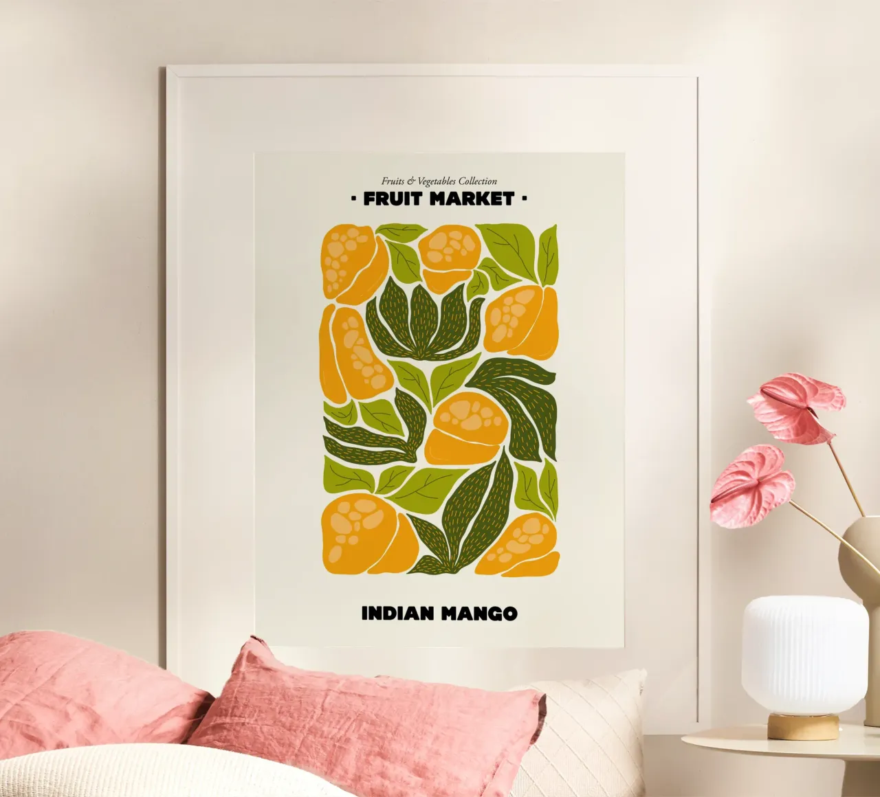 Il mercato della frutta, illustrazione del mango indiano poster con telaio in alluminio da Peaches Art Prints