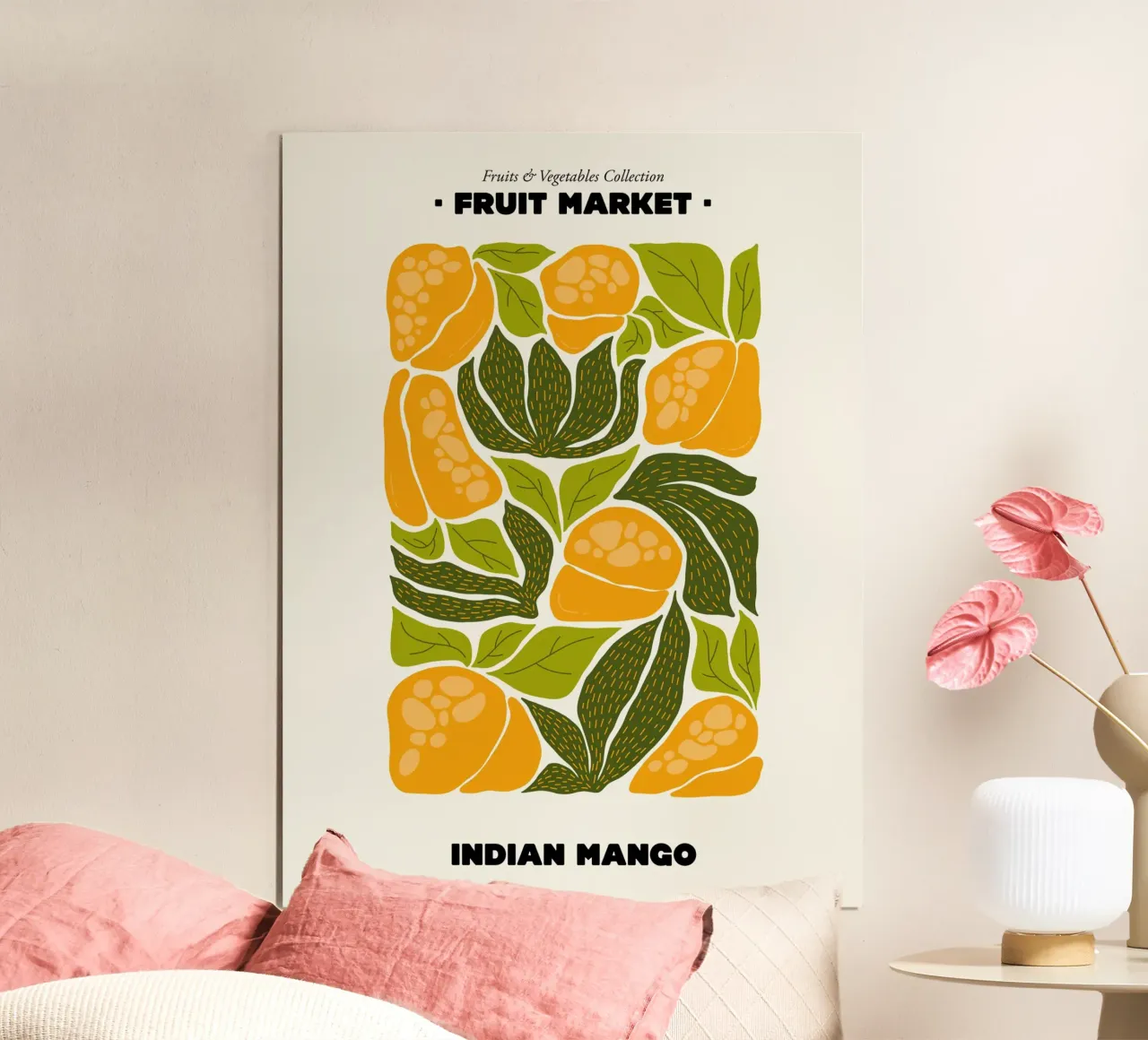 Il mercato della frutta, illustrazione del mango indiano poster con telaio in alluminio da Peaches Art Prints