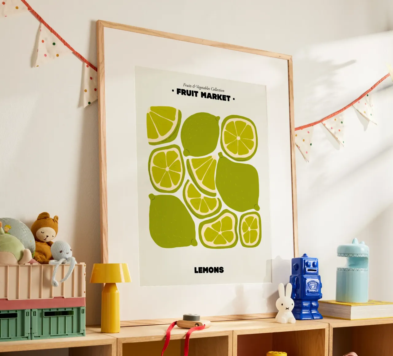 Il mercato della frutta, illustrazione del limone poster con telaio in plastica da Peaches Art Prints