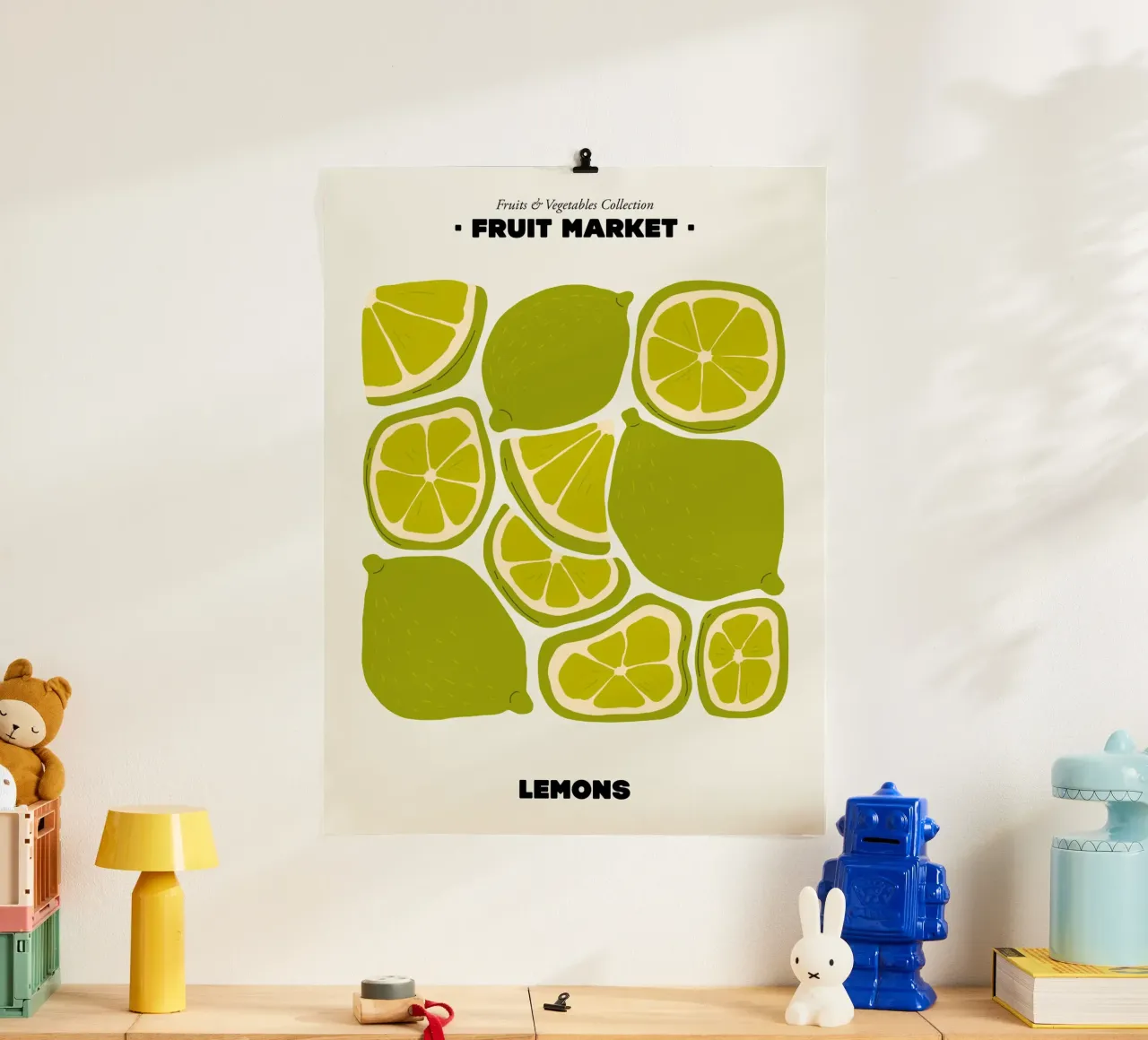 Il mercato della frutta, illustrazione del limone poster con telaio in plastica da Peaches Art Prints