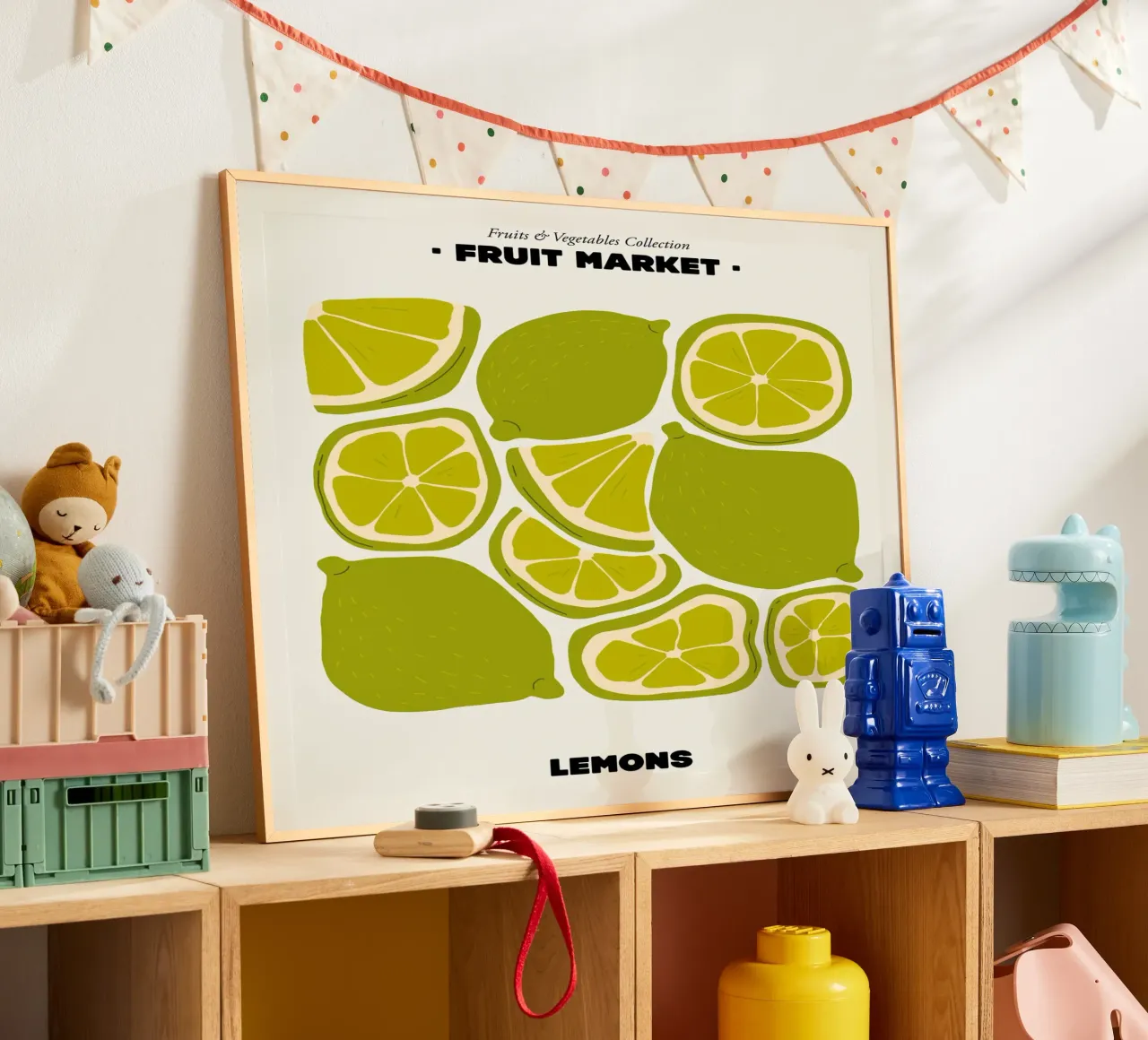 Il mercato della frutta, illustrazione del limone poster con telaio in plastica da Peaches Art Prints