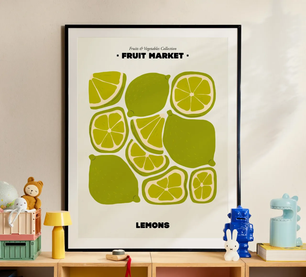 Il mercato della frutta, illustrazione del limone poster con telaio in plastica da Peaches Art Prints