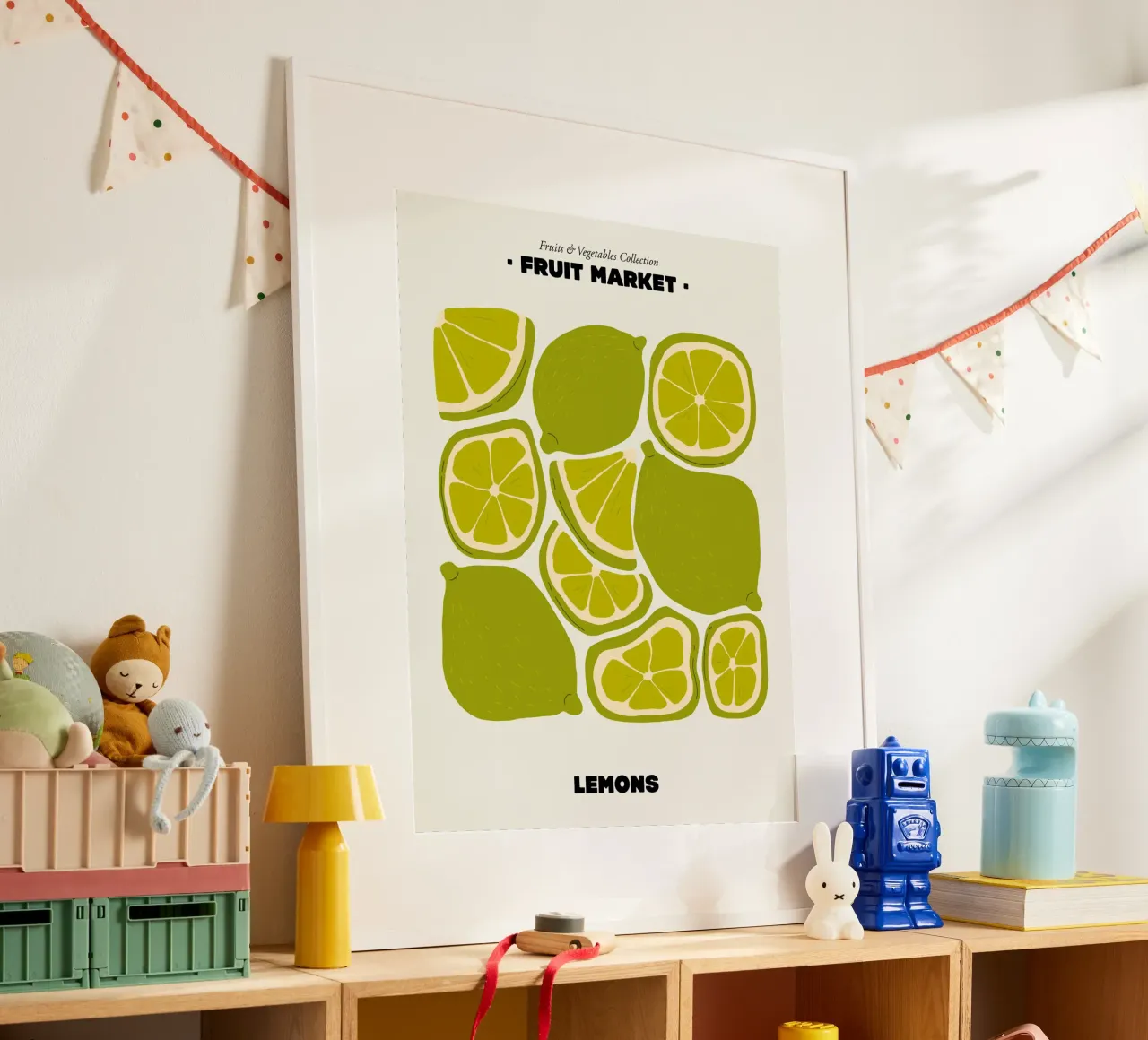 Il mercato della frutta, illustrazione del limone poster con telaio in plastica da Peaches Art Prints
