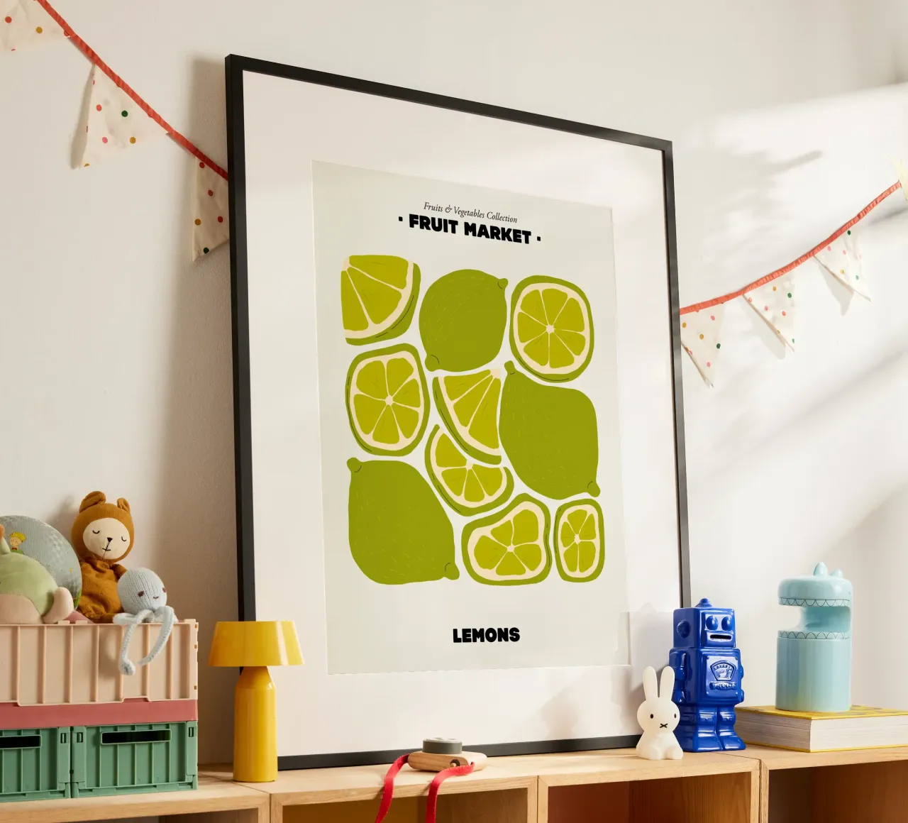 Il mercato della frutta, illustrazione del limone poster con telaio in plastica da Peaches Art Prints