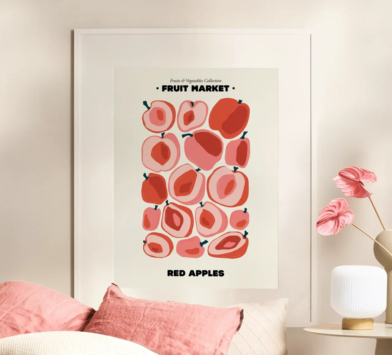Il mercato della frutta, illustrazione delle mele rosse poster con telaio in plastica da Peaches Art Prints