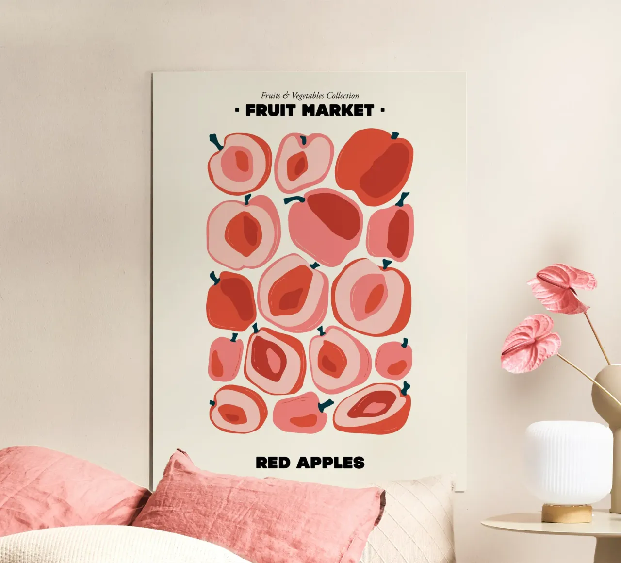 Il mercato della frutta, illustrazione delle mele rosse poster con telaio in plastica da Peaches Art Prints