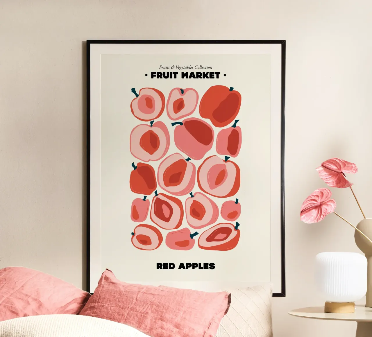 Il mercato della frutta, illustrazione delle mele rosse poster con telaio in plastica da Peaches Art Prints