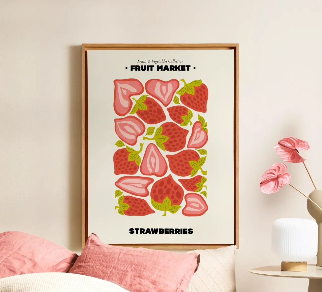 Der Obstmarkt, Erdbeeren Illustration maximalist Leinwand mit Schattenfugenrahmen von Peaches Art Prints