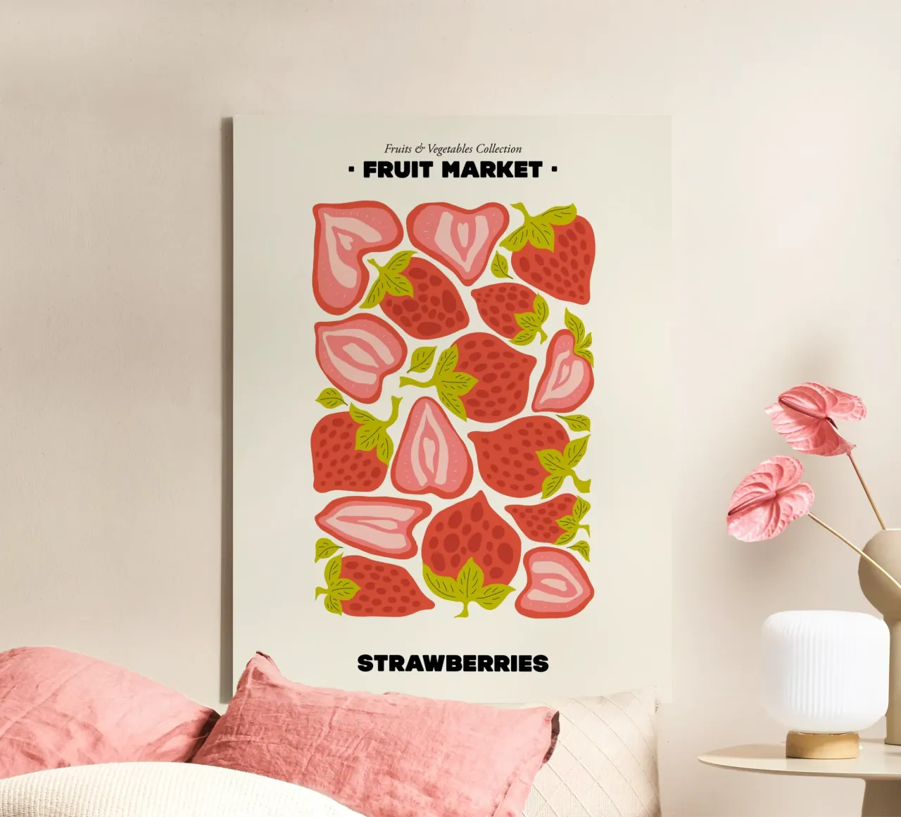 Der Obstmarkt, Erdbeeren Illustration maximalist Leinwand mit Schattenfugenrahmen von Peaches Art Prints