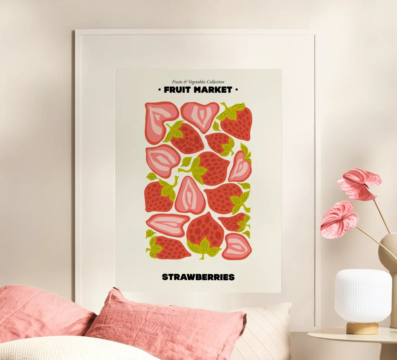 Il mercato della frutta, fragole Illustrazione massimalista poster con telaio in legno da Peaches Art Prints
