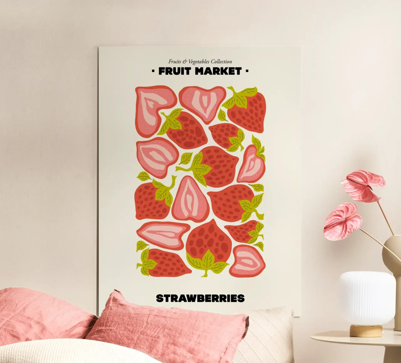 Il mercato della frutta, fragole Illustrazione massimalista poster con telaio in legno da Peaches Art Prints