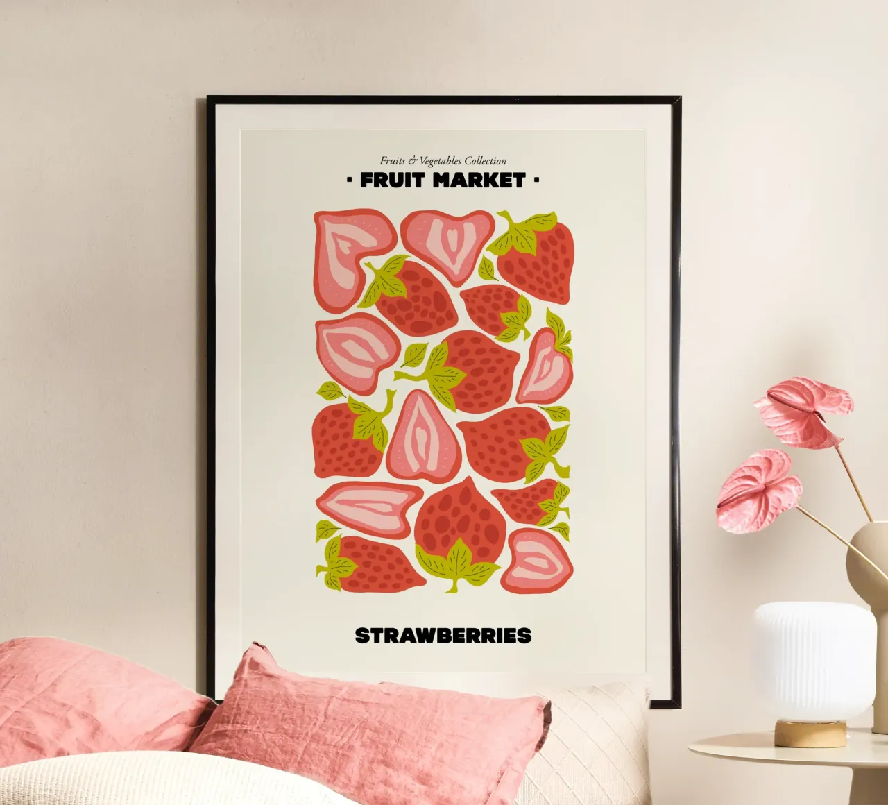Il mercato della frutta, fragole Illustrazione massimalista poster con telaio in legno da Peaches Art Prints
