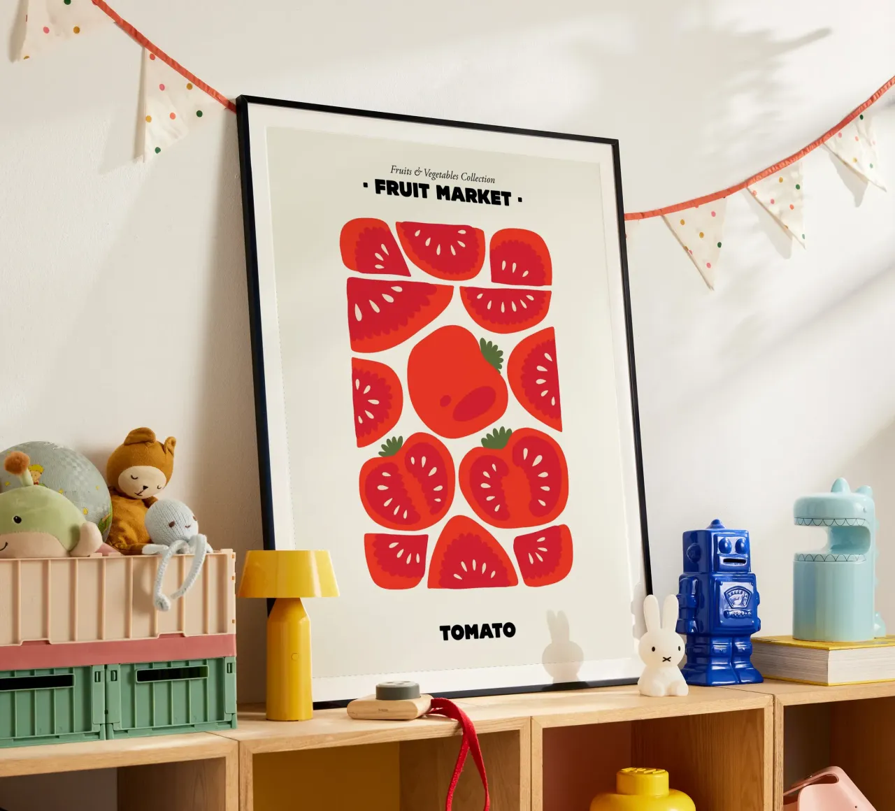 Il mercato della frutta, pomodoro Illustrazione massimalista poster con telaio in plastica da Peaches Art Prints