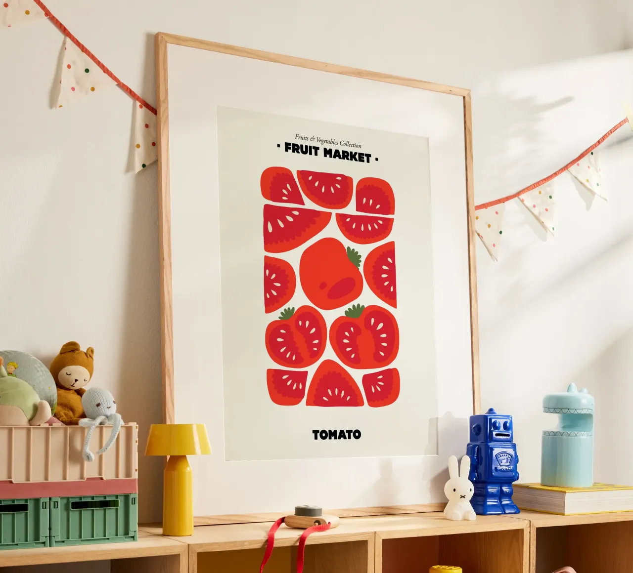Il mercato della frutta, pomodoro Illustrazione massimalista poster con telaio in plastica da Peaches Art Prints