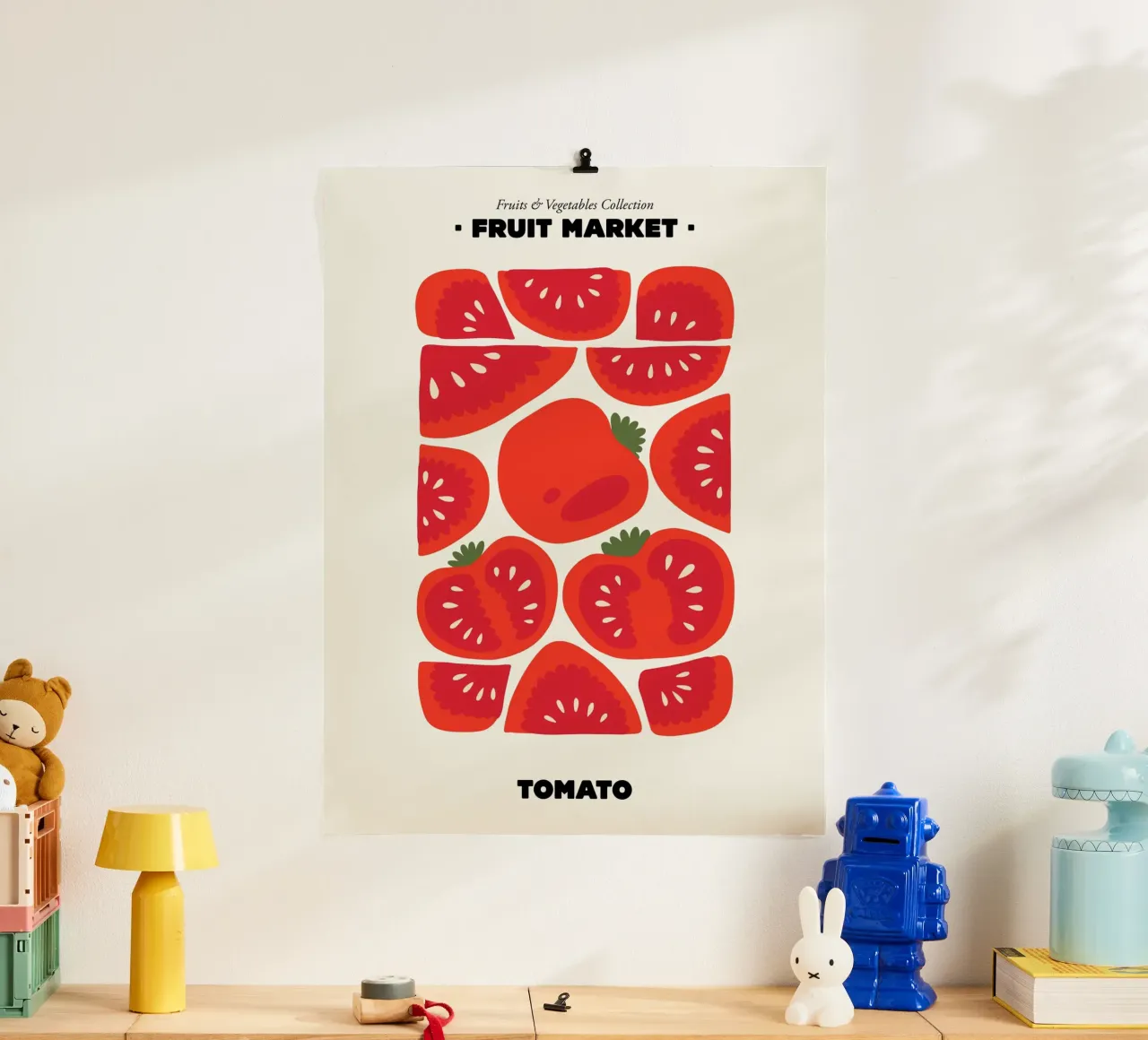 Il mercato della frutta, pomodoro Illustrazione massimalista poster con telaio in plastica da Peaches Art Prints