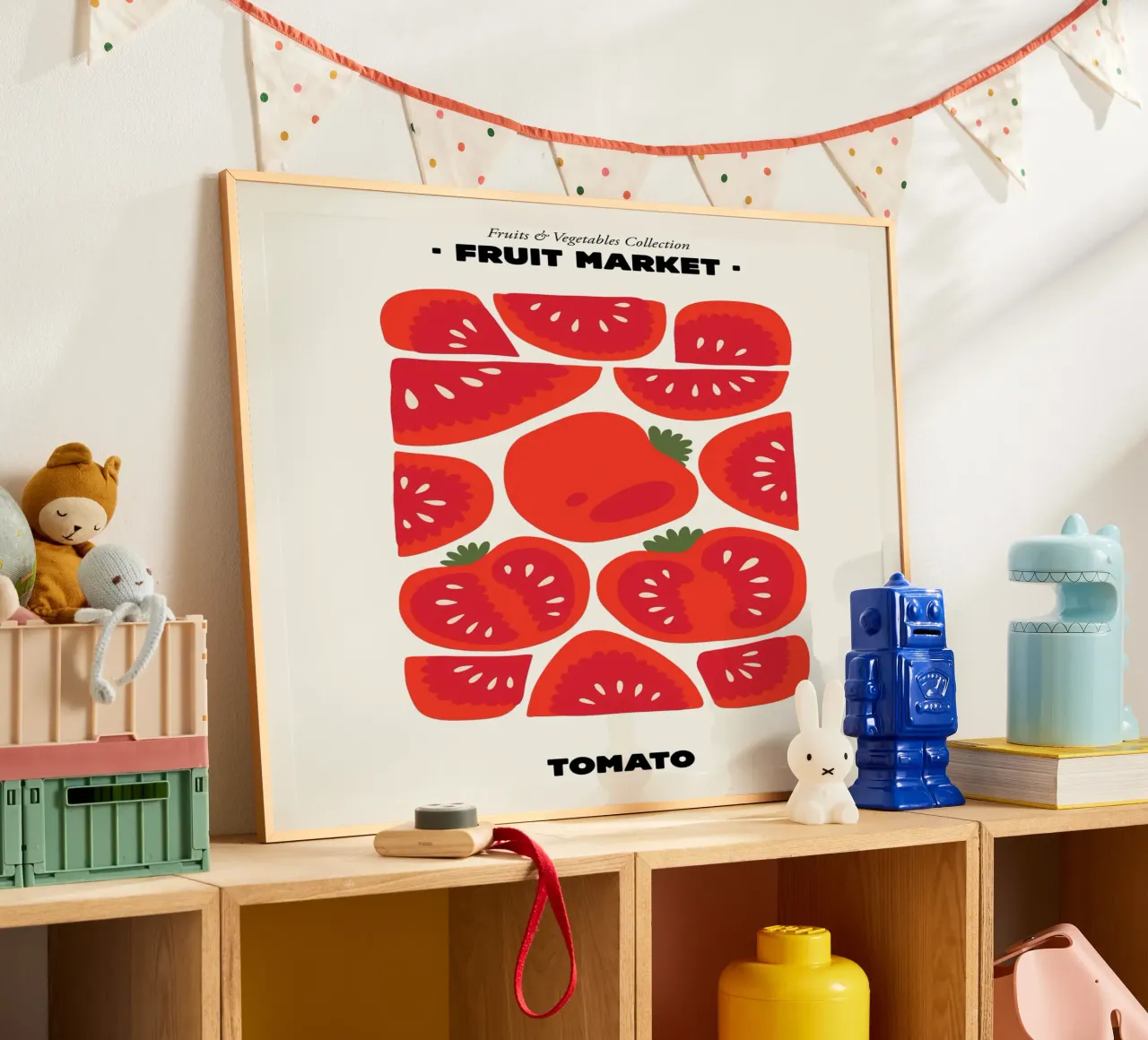Il mercato della frutta, pomodoro Illustrazione massimalista poster con telaio in plastica da Peaches Art Prints