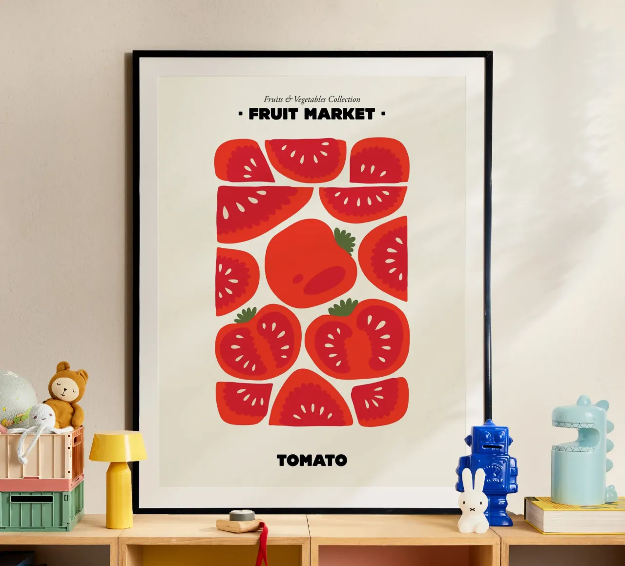 Il mercato della frutta, pomodoro Illustrazione massimalista poster con telaio in plastica da Peaches Art Prints