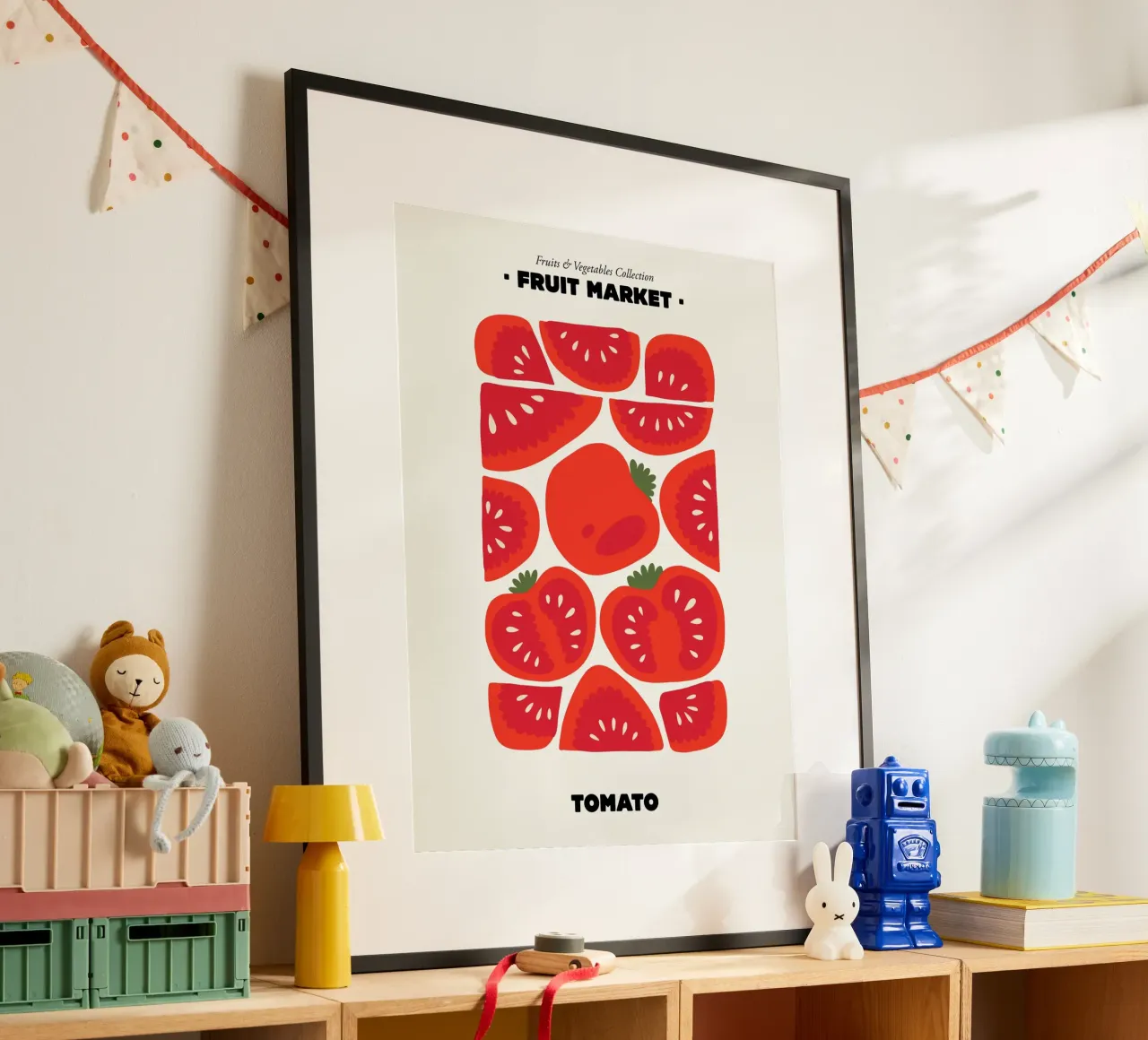 Il mercato della frutta, pomodoro Illustrazione massimalista poster con telaio in plastica da Peaches Art Prints