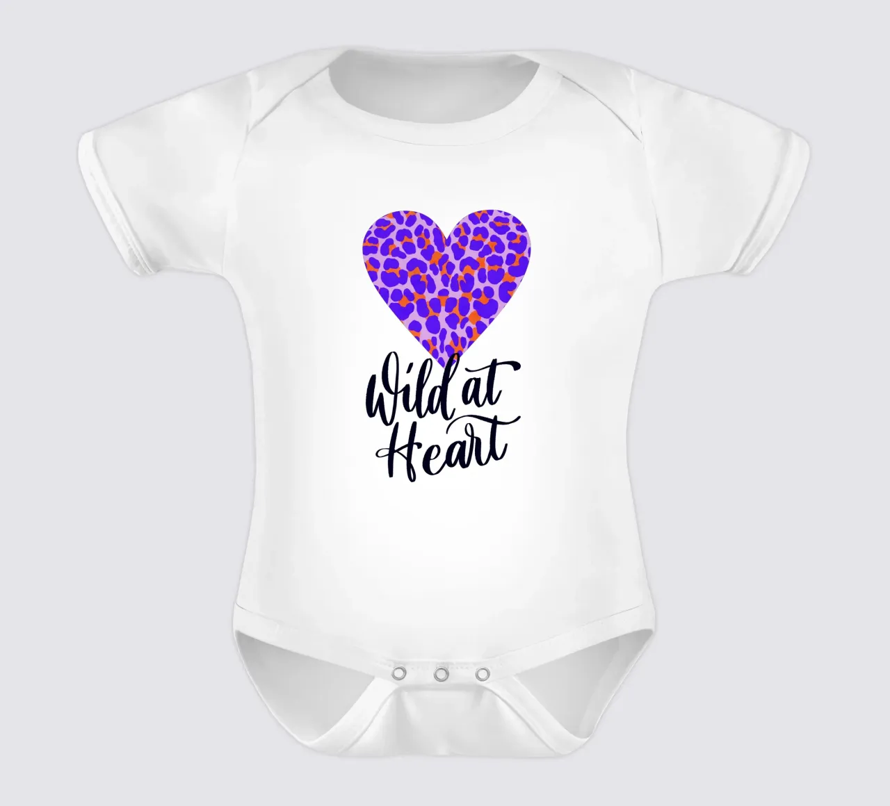 Wild at Heart. Brush calligraphy with leo print pattern short-sleeve baby romper by CalliLetters