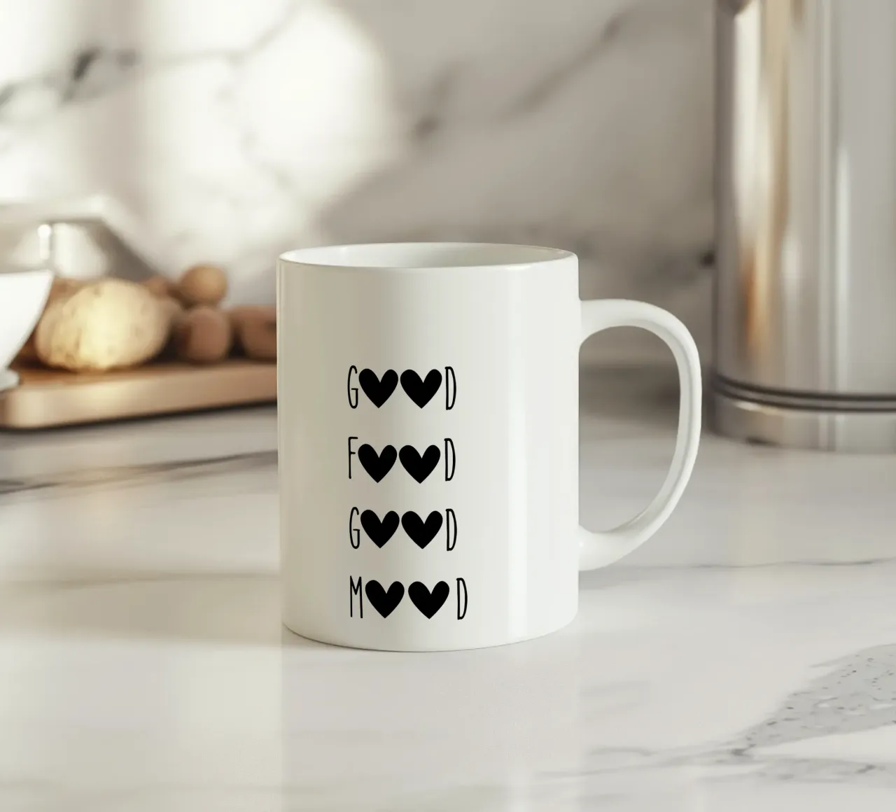 Buon cibo, buon umore - Citazione con cuori tazza in ceramica da Peaches Art Prints
