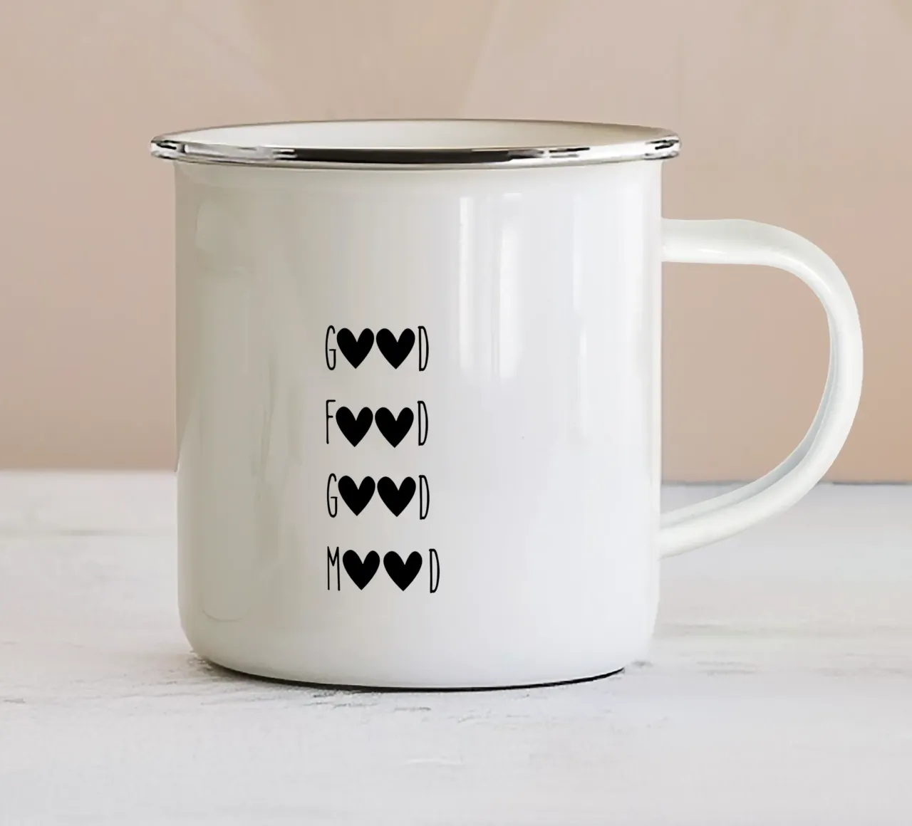 Buon cibo, buon umore - Citazione con cuori tazza in smalto da Peaches Art Prints