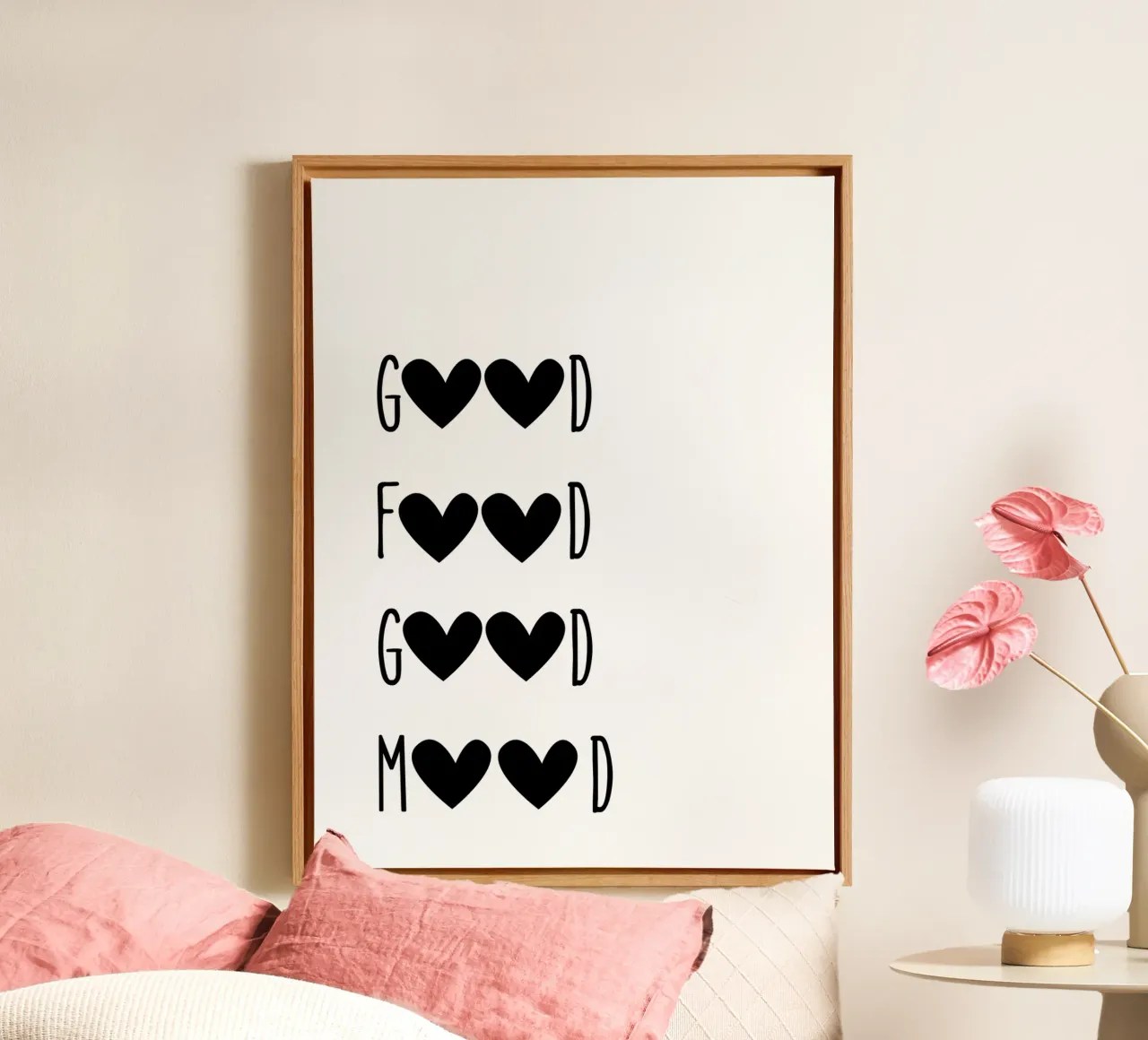 Buon cibo, buon umore - Citazione con cuori tela con Cornice a cassetta da Peaches Art Prints
