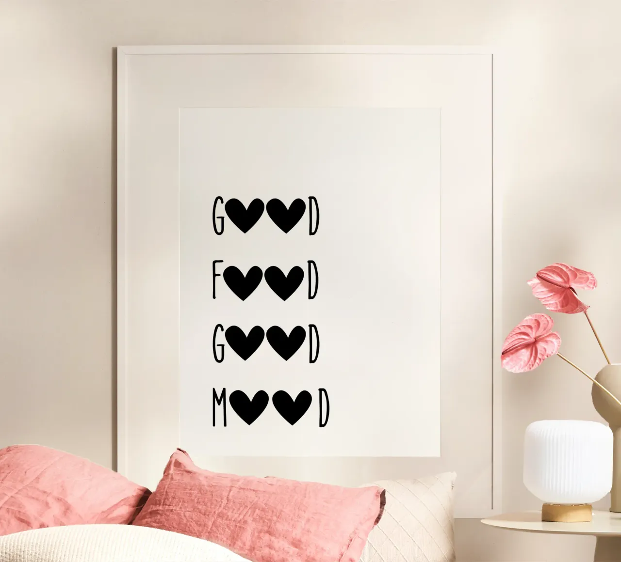 Buon cibo, buon umore - Citazione con cuori poster con telaio in plastica da Peaches Art Prints