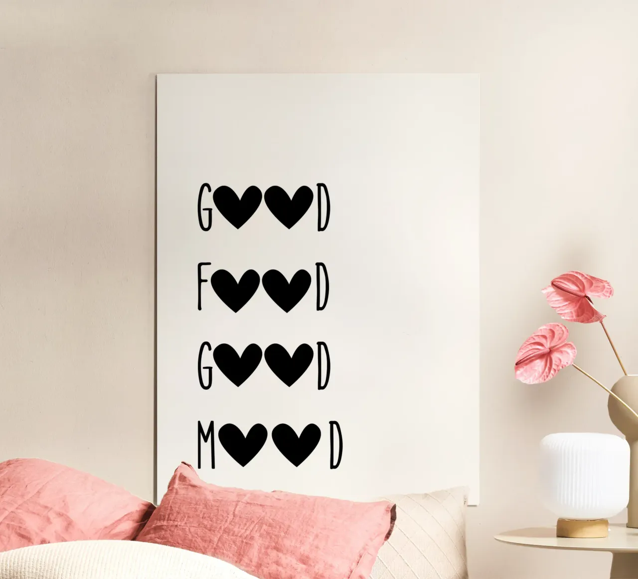 Buon cibo, buon umore - Citazione con cuori poster con telaio in plastica da Peaches Art Prints