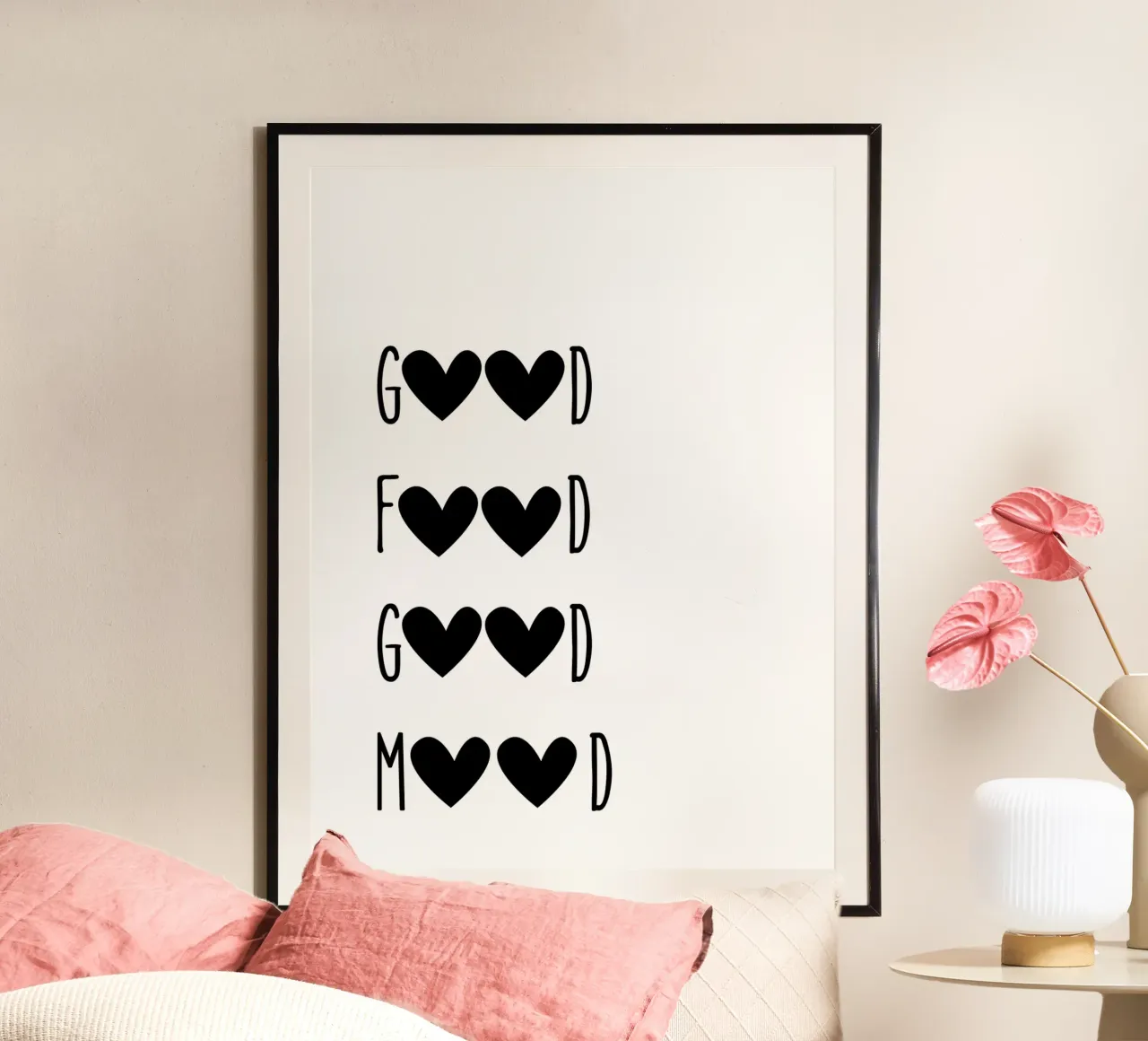 Buon cibo, buon umore - Citazione con cuori poster con telaio in plastica da Peaches Art Prints