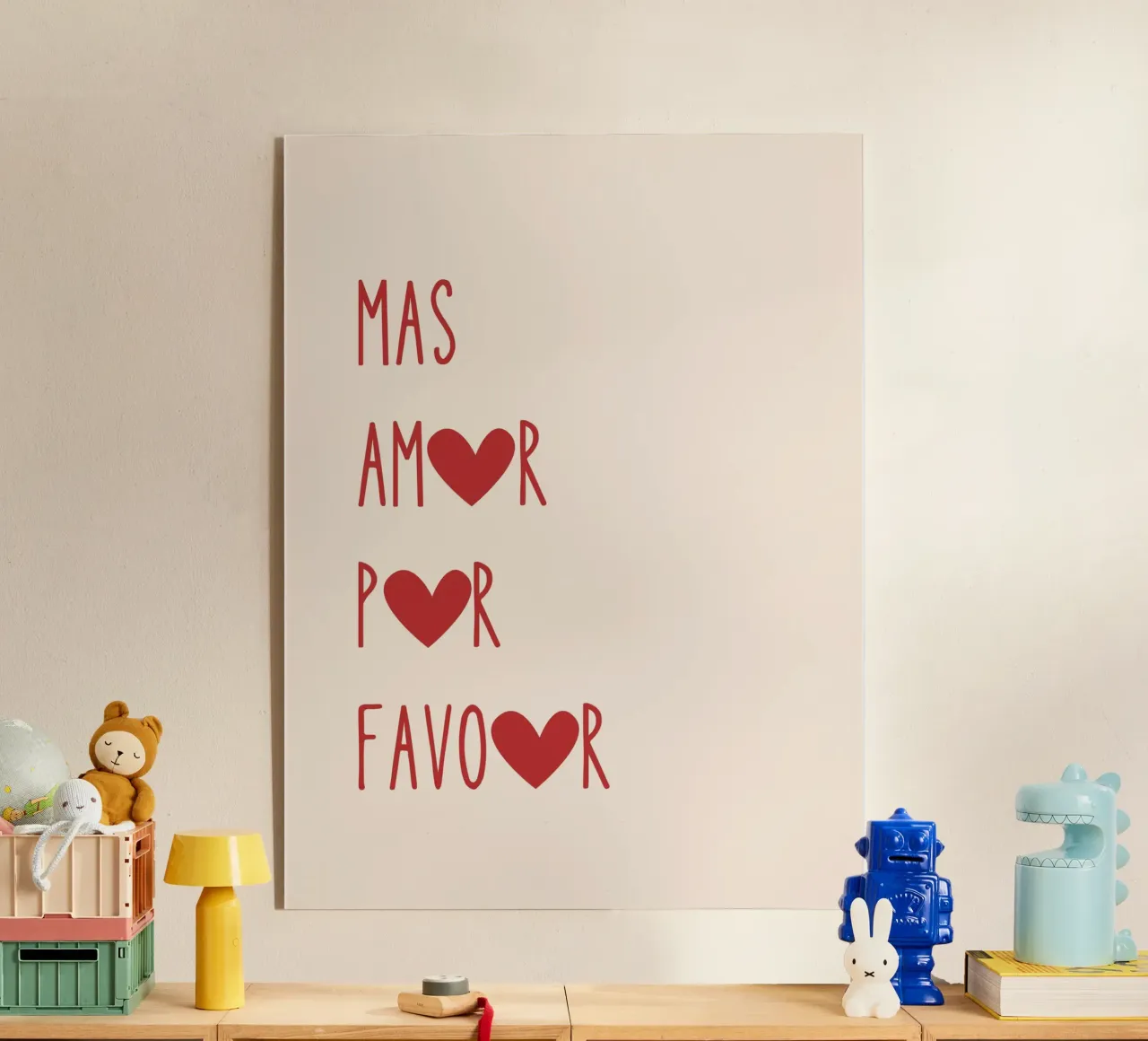 Mas Amor Por Favor, Più amore per favore, citazione in rosso plexiglass da Peaches Art Prints