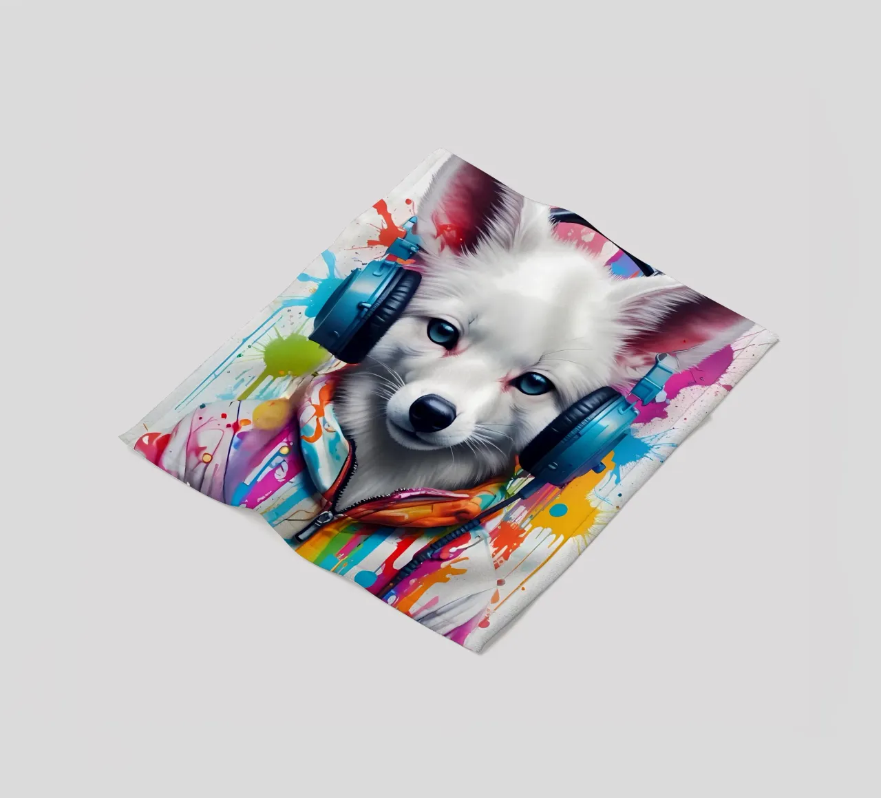 Bébé fox blanc dans un casque d'écoute plaid polaire de MakArena
