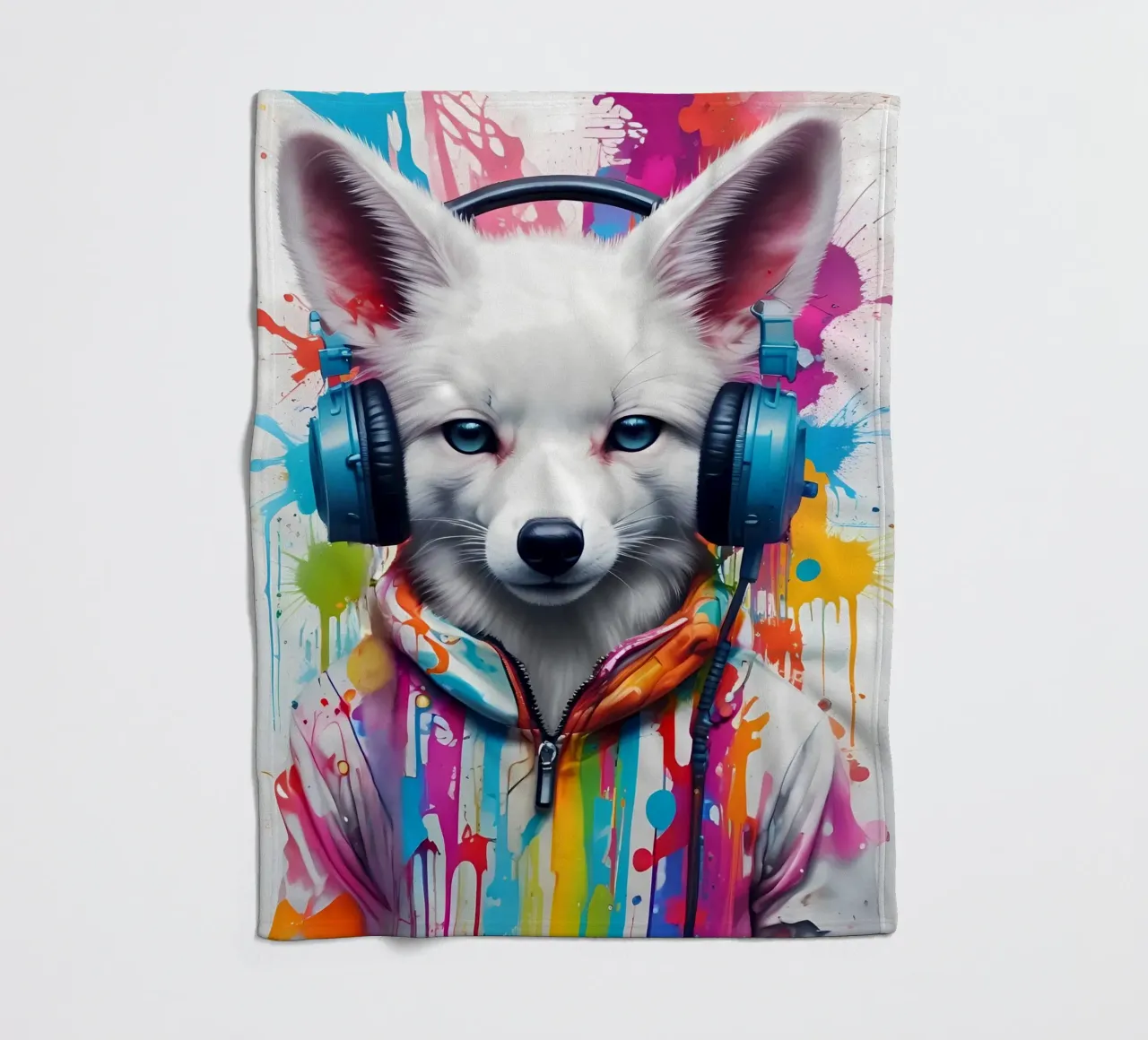 Bébé fox blanc dans un casque d'écoute plaid polaire de MakArena