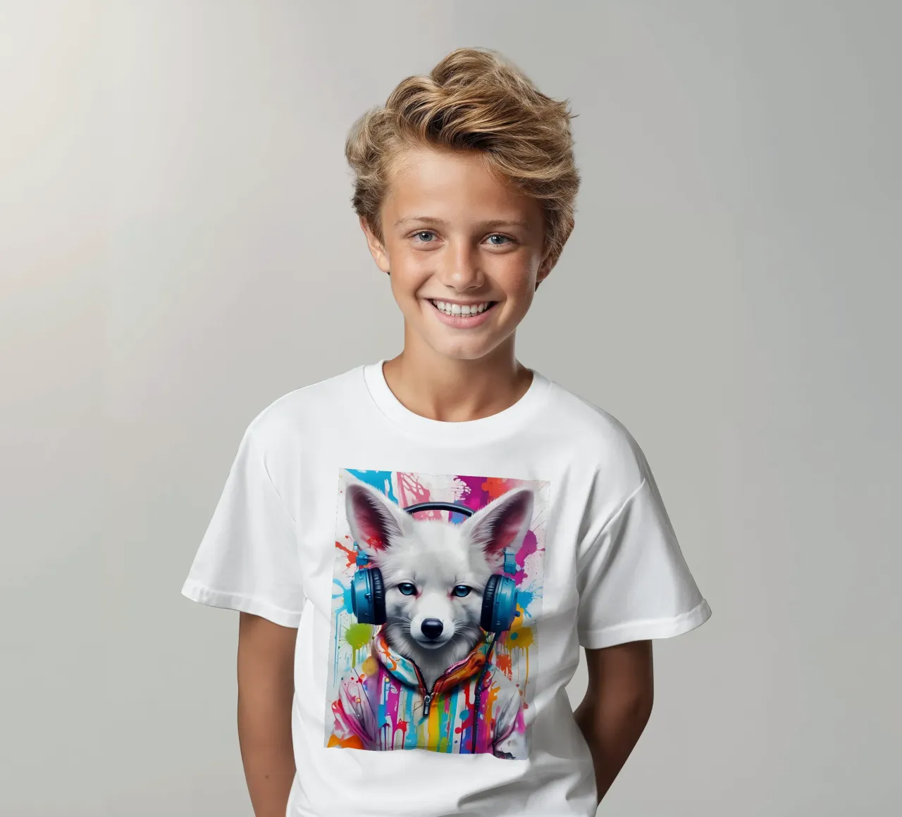 Baby white foxy in headphones kids t-shirt by MakArena