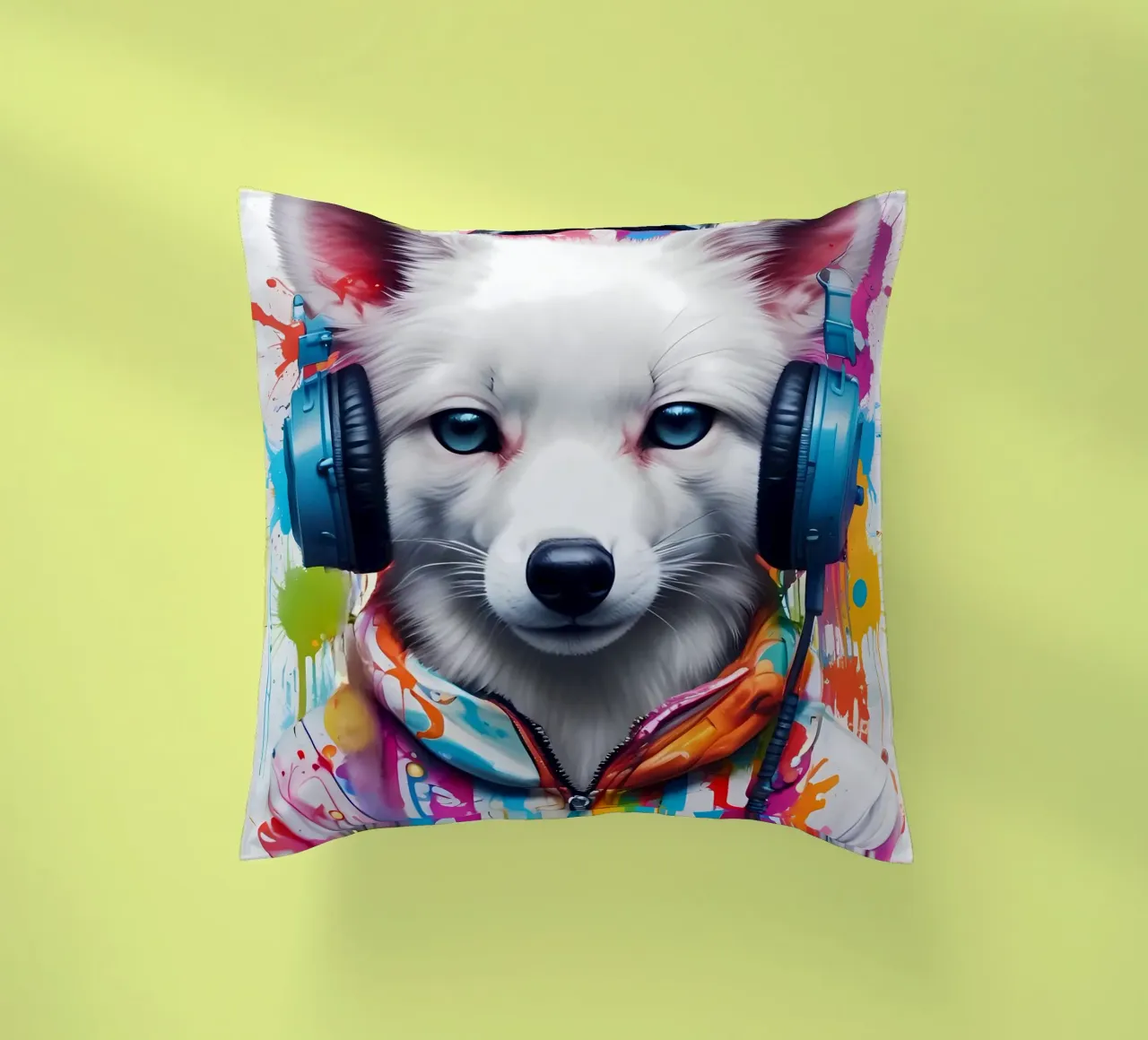 Bébé fox blanc dans un casque d'écoute coussin de MakArena