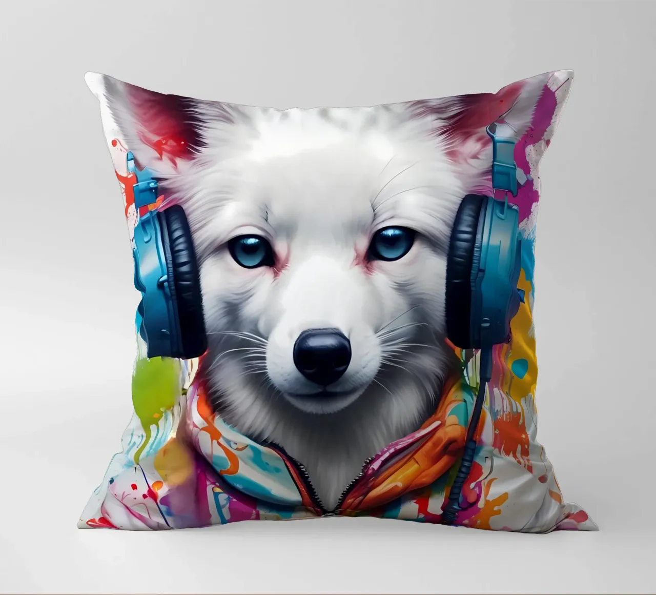 Bébé fox blanc dans un casque d'écoute coussin de MakArena