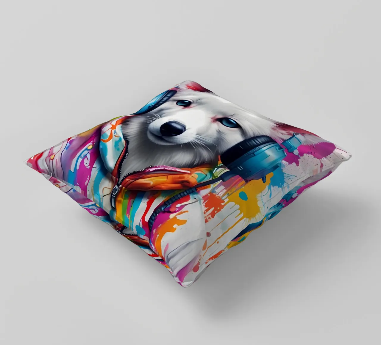 Bébé fox blanc dans un casque d'écoute coussin de MakArena