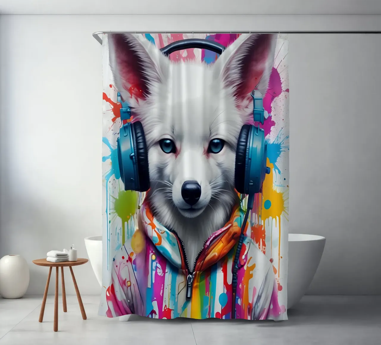 Bébé fox blanc dans un casque d'écoute rideau de douche de MakArena