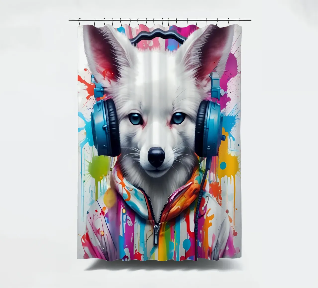 Bébé fox blanc dans un casque d'écoute rideau de douche de MakArena