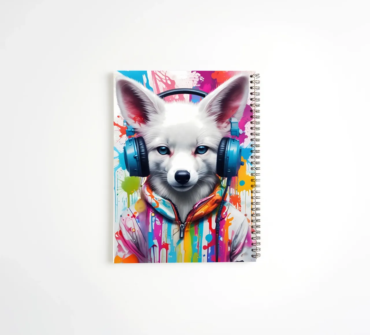 Baby white foxy in headphones spiral notebook by MakArena