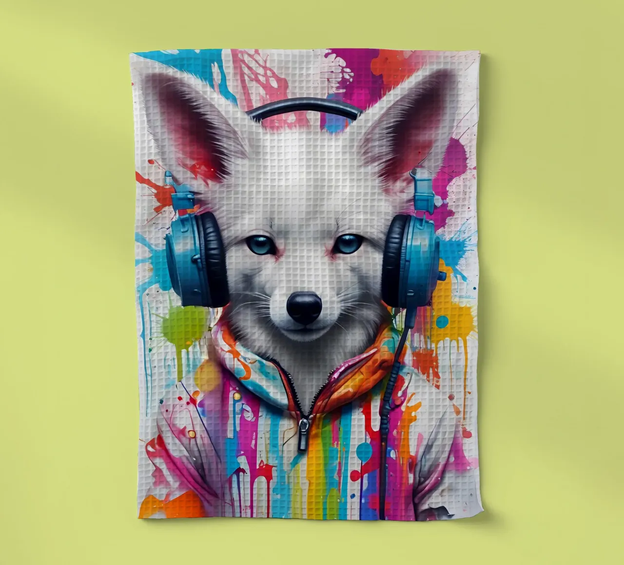Bébé fox blanc dans un casque d'écoute torchon de MakArena