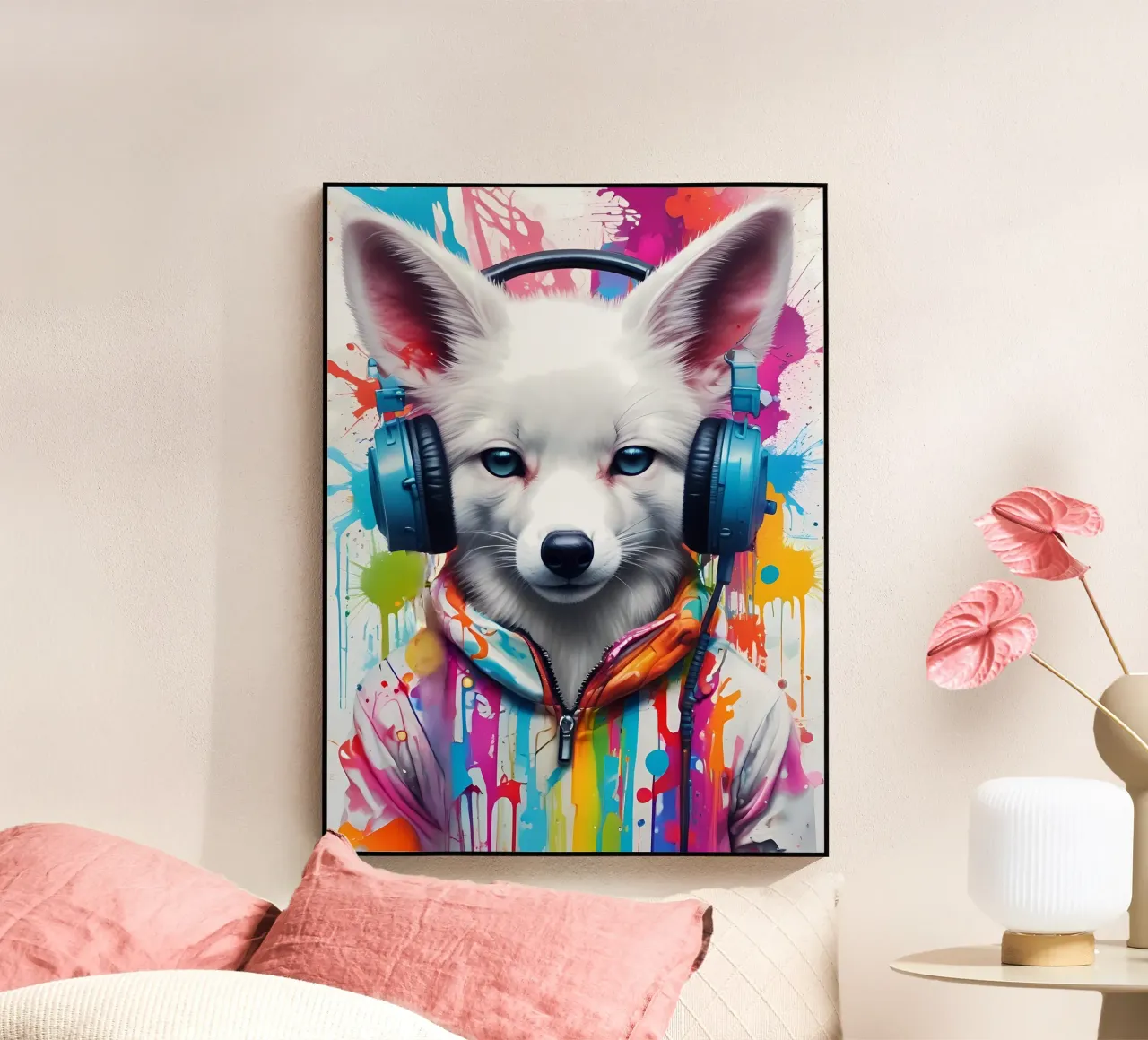 Bebé zorro blanco con auriculares metacrilato de MakArena