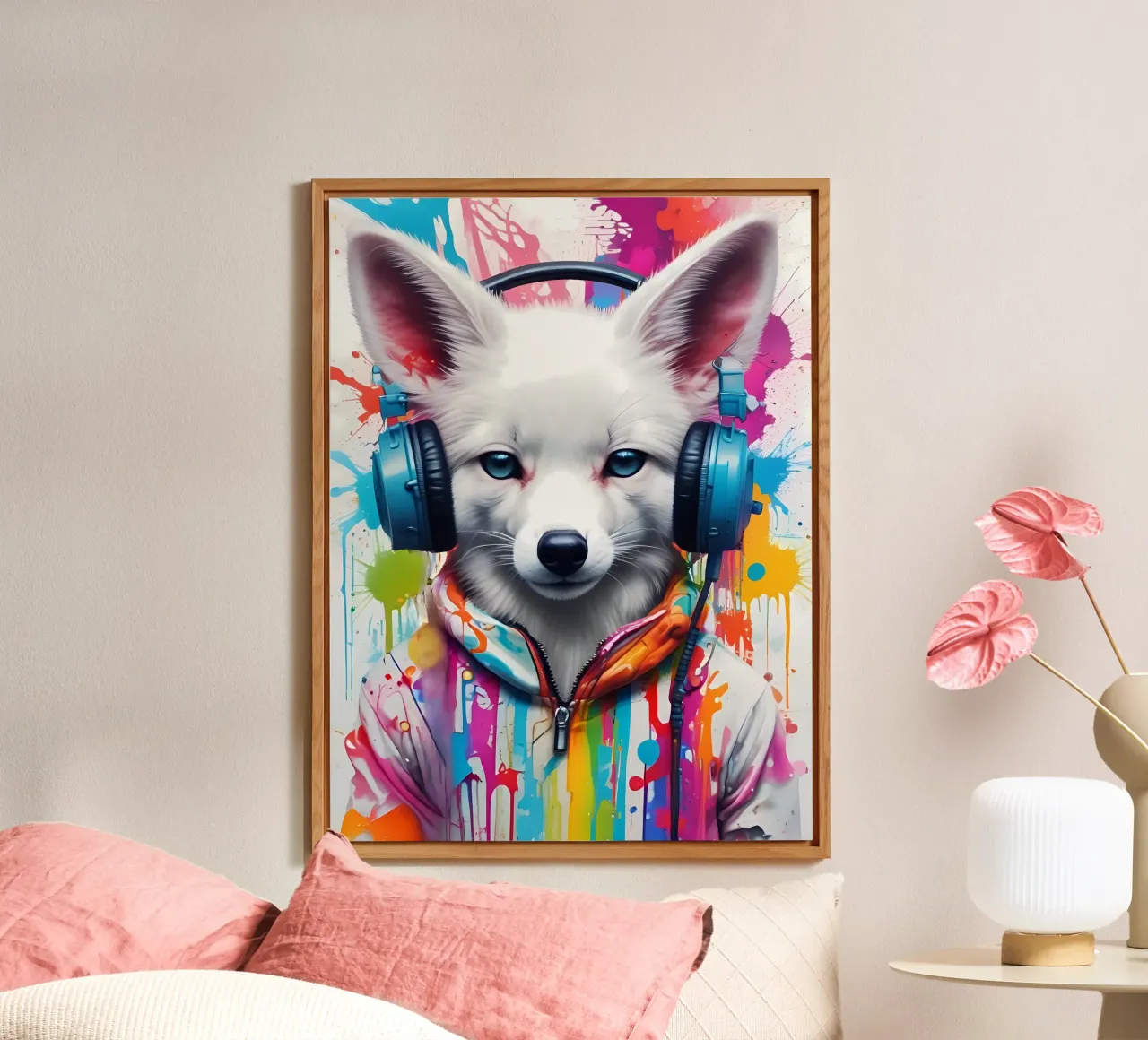 Bébé fox blanc dans un casque d'écoute panneau forex de MakArena