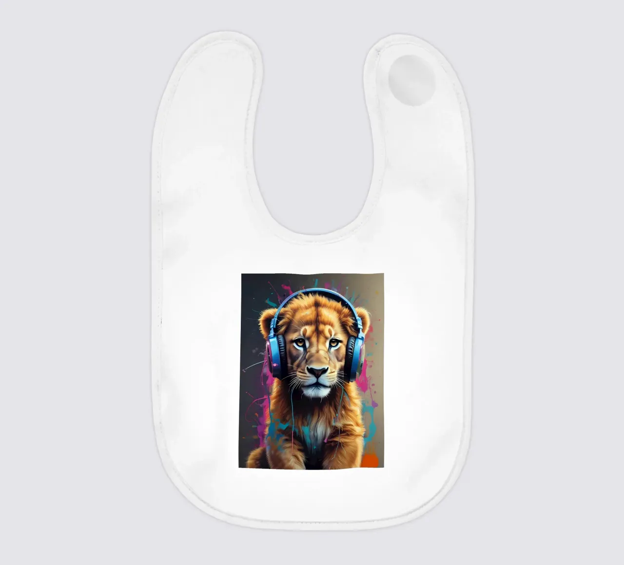 Baby lion in headphones baby bib by MakArena