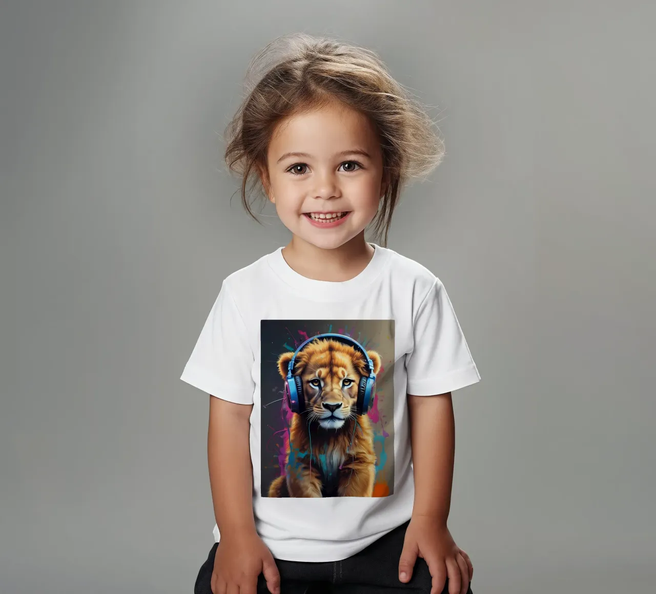 Baby lion in headphones kids t-shirt by MakArena