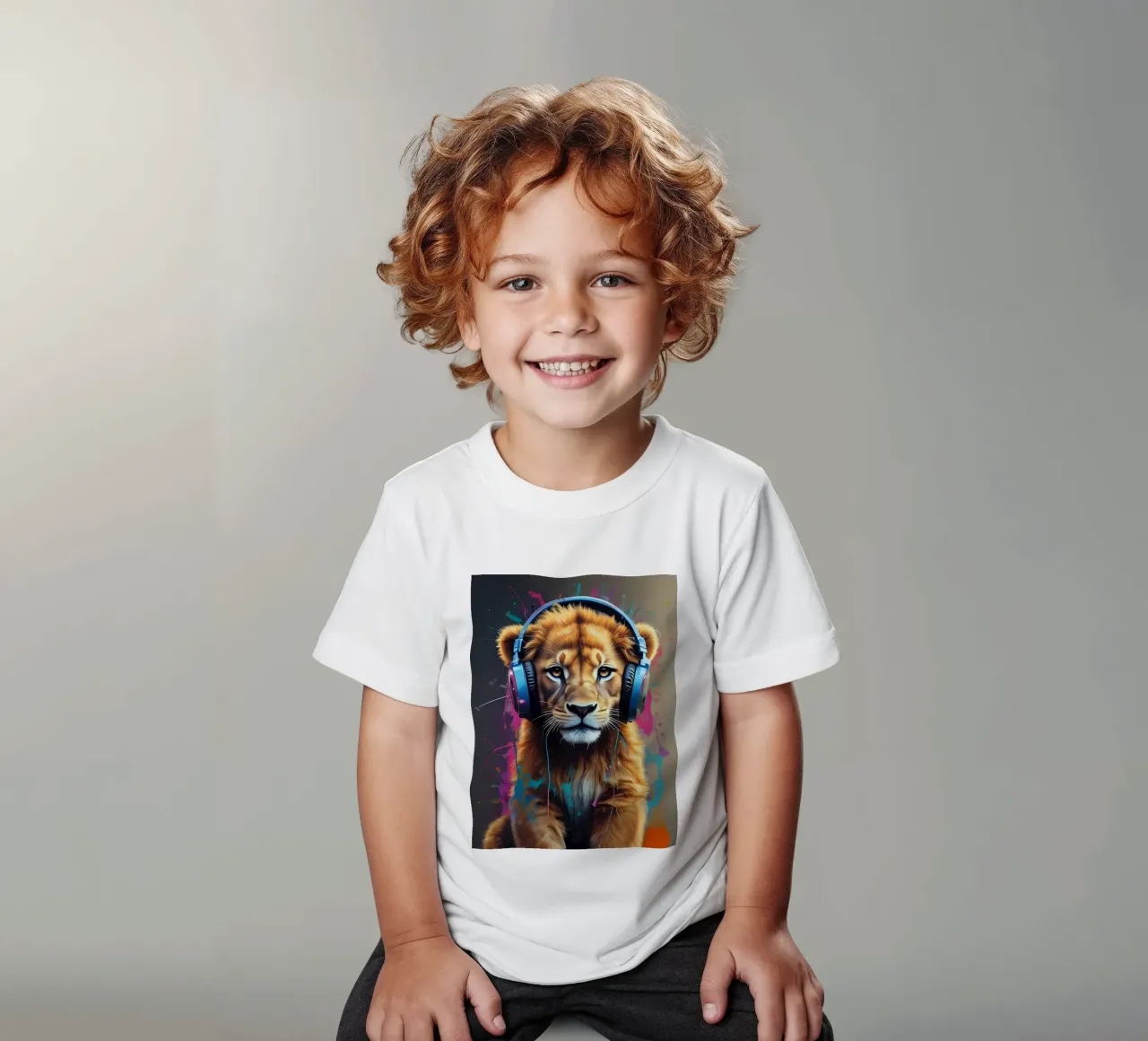 Baby lion in headphones kids t-shirt by MakArena