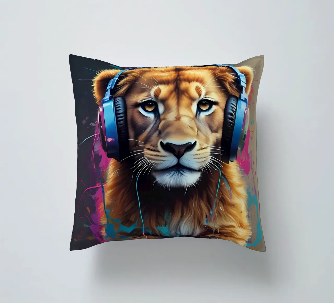 Baby lion in headphones decorative cushion by MakArena