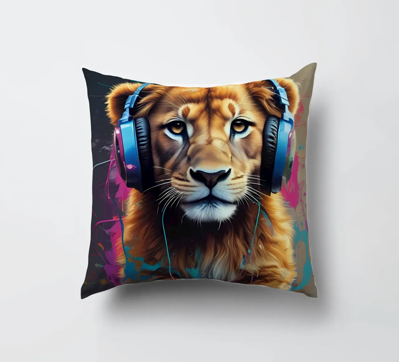 Baby lion in headphones decorative cushion by MakArena