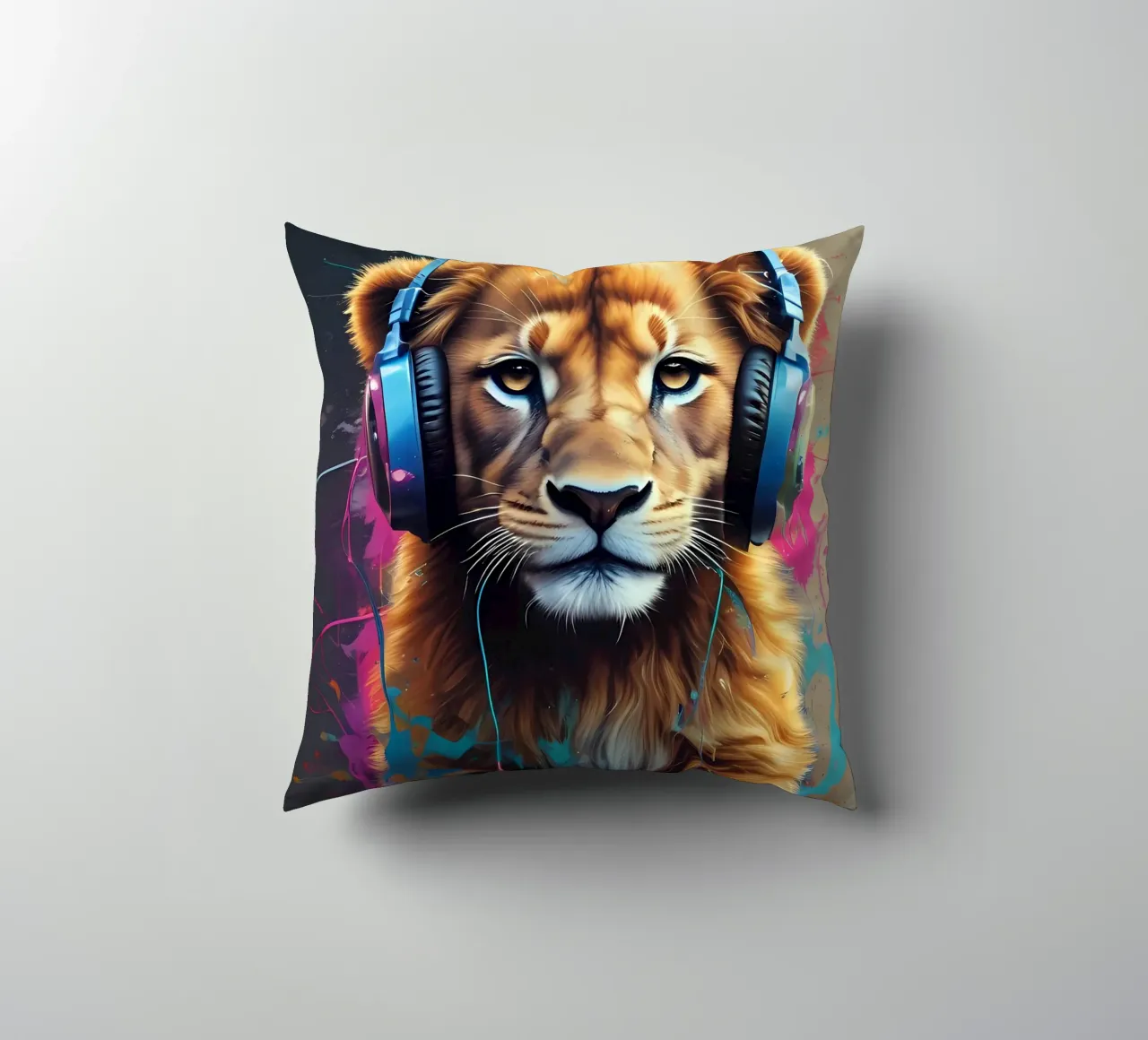 Baby lion in headphones decorative cushion by MakArena
