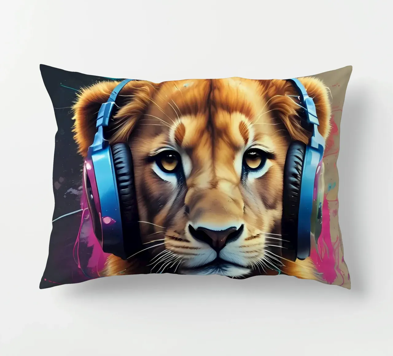 Baby lion in headphones decorative cushion by MakArena
