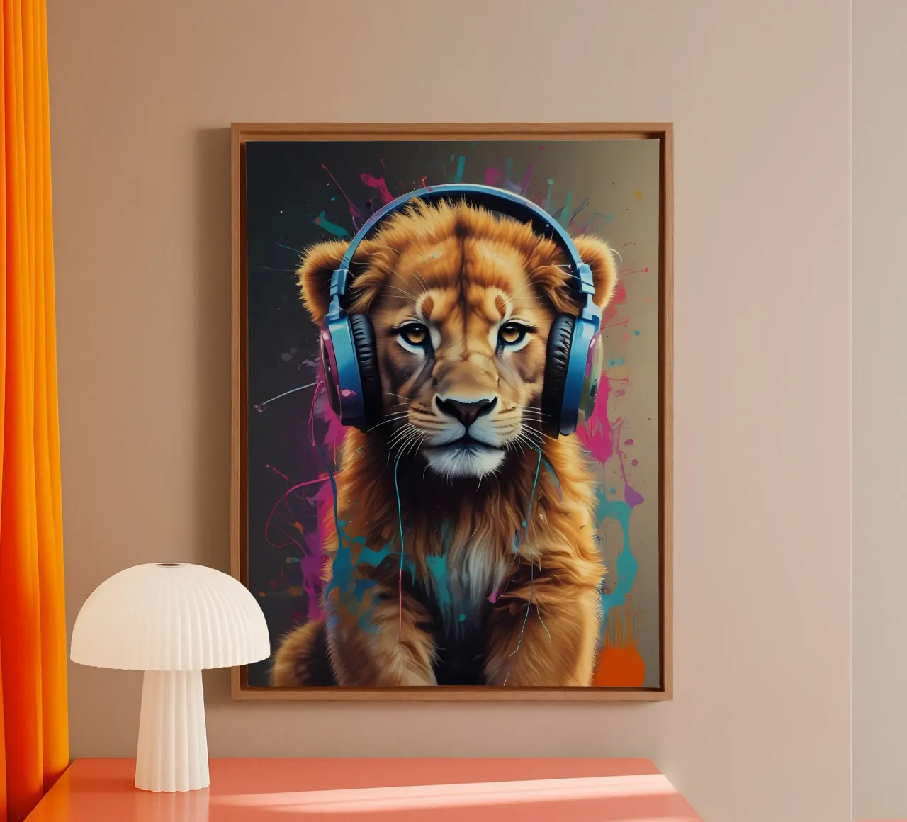 Babyleeuw in koptelefoon canvas met Baklijst van MakArena